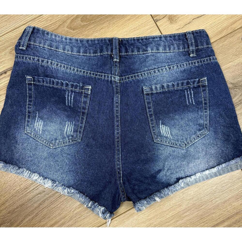 Jean Shorts Womens Large Blue Distressed Cutoff Fringe Hem Animal Print Summer - Picture 5 of 7